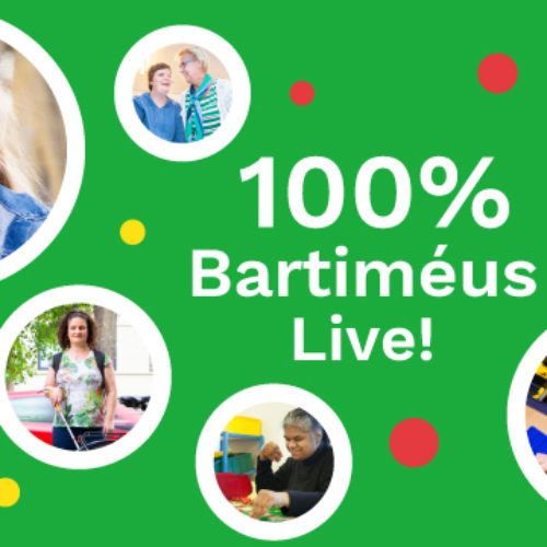 Visual met tekst '100% Bartiméus Live!' en foto's van mensen met een visuele beperking.
