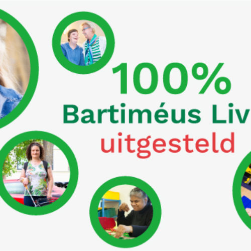 Visual met tekst '100% Bartiméus Live! uitgesteld' en foto's van mensen met een visuele beperking