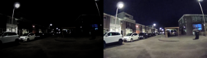 Twee afbeeldingen naast elkaar. Links een straatbeeld zonder nachtzichtbril - de straat is donker. Rechts hetzelfde straatbeeld met nachtzichtbril; auto's en huizen zijn zichtbaar.