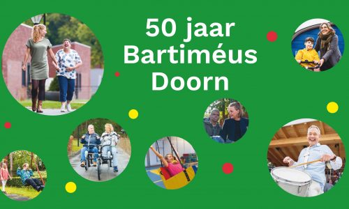 Groene achtergrond met in wit de tekst 50 jaar Bartiméus Doorn. Daaromheen 7 ronde foto's van bewoners van Bartiméus in Doorn