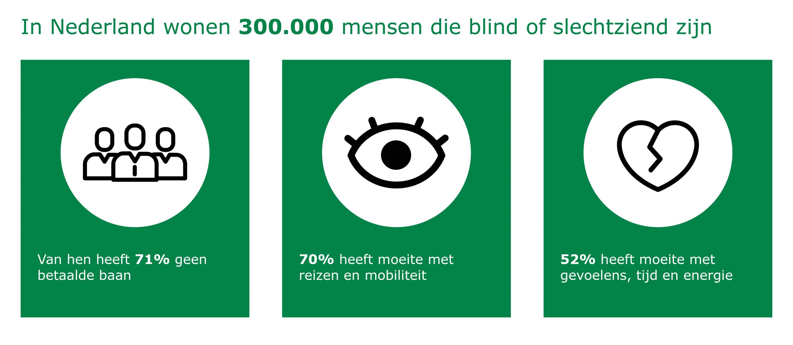 Banner met boven aan, in het groen, de tekst: 'In Nederland wonen 300.000 mensen die blind of slechtziend zijn'. Onder de tekst staan drie groene blokken. In het linker blok staat in een witte bol de illustratie van 3 mensen in pak. Onder de illustratie staat de tekst: 'Van hen heeft 71% geen betaalde baan'. In het middelste blok staat in een witte bol een illustratie van een oog. Onder de illustratie staat de tekst: '70% heeft moeite met reizen en mobiliteit'. In het rechter blok staat ook een witte bol met daarin de illustratie van een gebroken hart. Onder de illustratie staat de tekst: 'heeft 52% moeite met gevoelens, tijd en energie'.