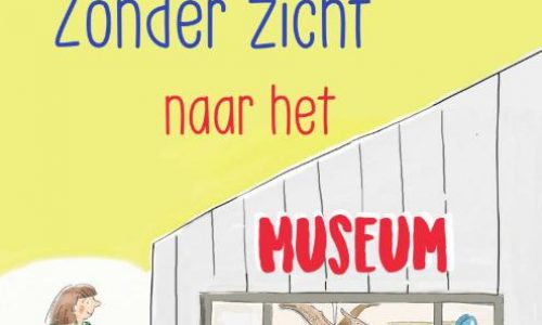 Illustratie van een vrouw met een visuele beperking en een blindengeleidehond voor de ingang van een museum.