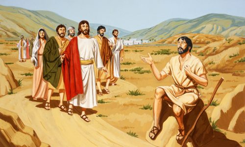 Illustratie van Jezus die met een groep volgelingen Bartiméus nadert.