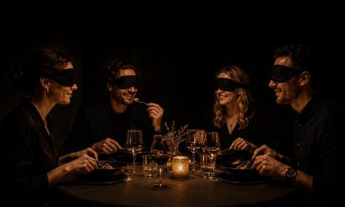 Vier mensen met een blinddoek om dineren in het donker.